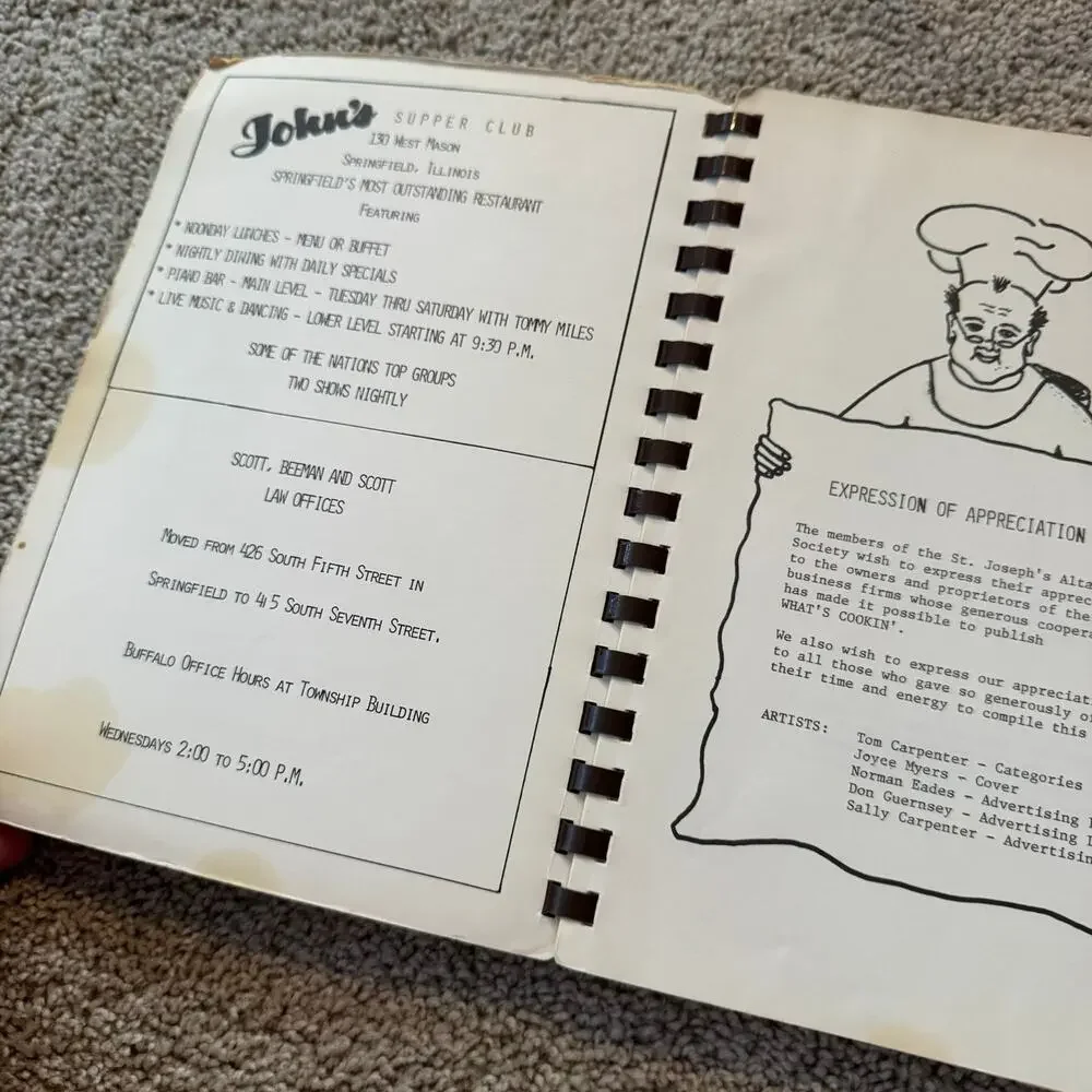 Vintage What's Cookin Regional Recipe Book Buffalo, Illinois St Joseph Church